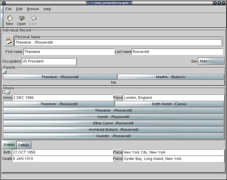 Main window showing Theorore Roosevelt record